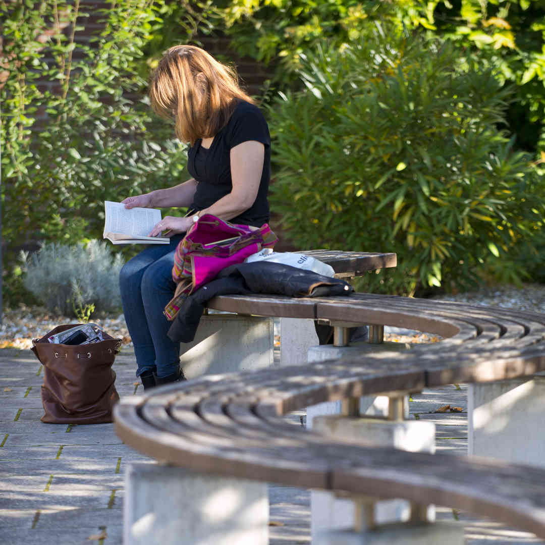 A student sits reading on a bench in the library plaza, surrounded by plants, trees and dappled sun.