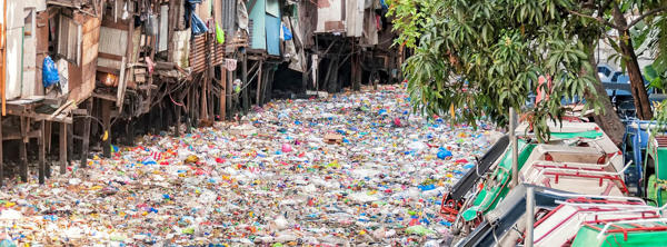 Polluted river of plastic
