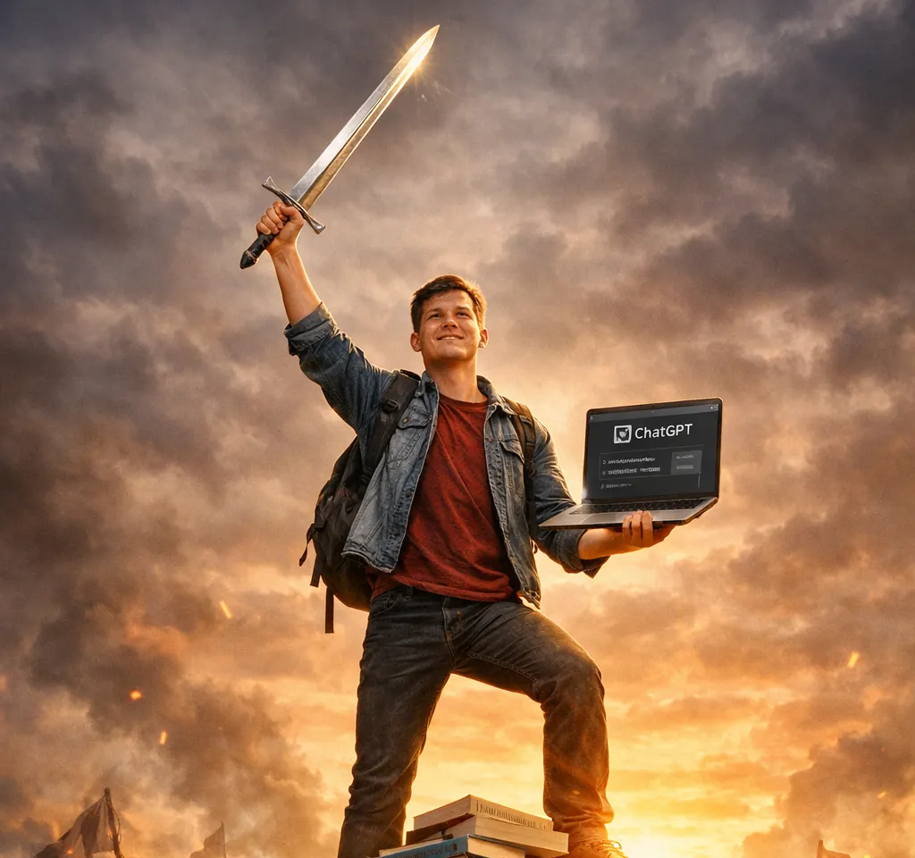 An AI generated image of a student standing on top of a pile of textbooks wielding a sword and a laptop with ChatGPT