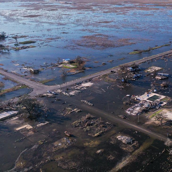 An aerial photo showing widespread flooding to fields and roads following a hurricane