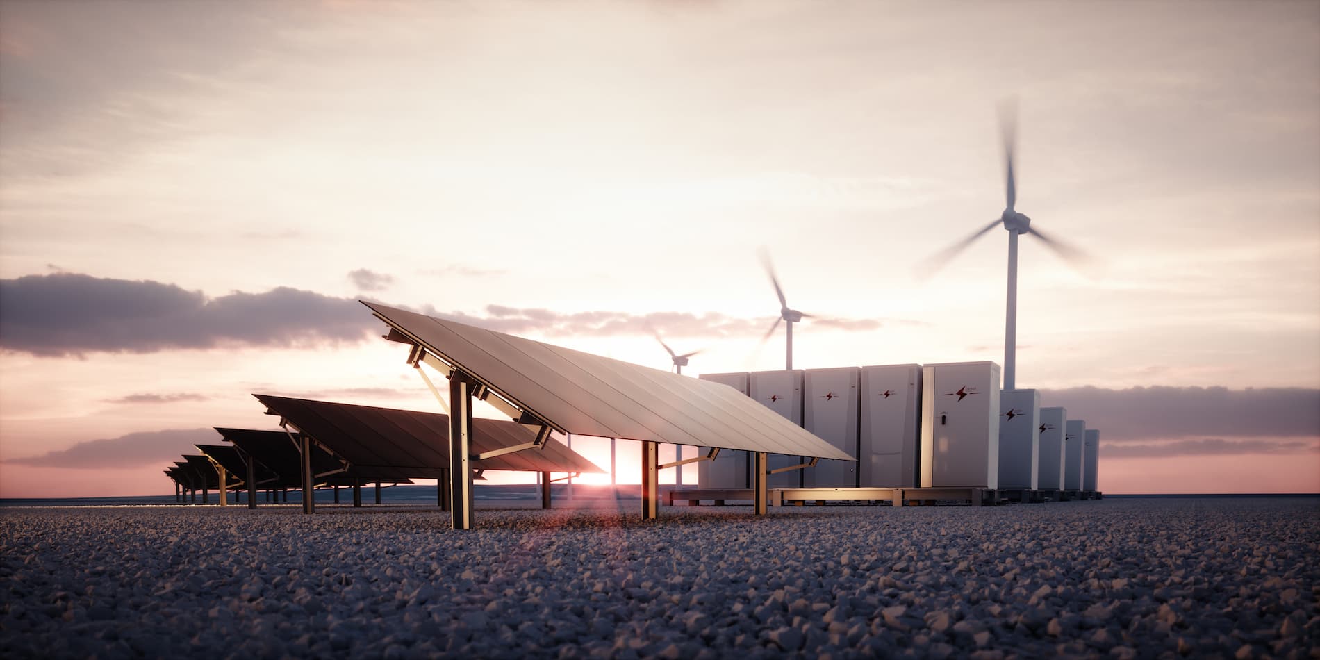 Solar panels and wind turbines alongside each other as an example of renewable energy