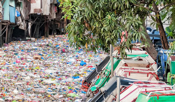 Polluted river of plastic