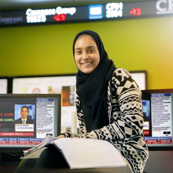 One of our Accounting students, Aaliah Bhamji, studying in our Bloomberg Financial Markets Laboratory.