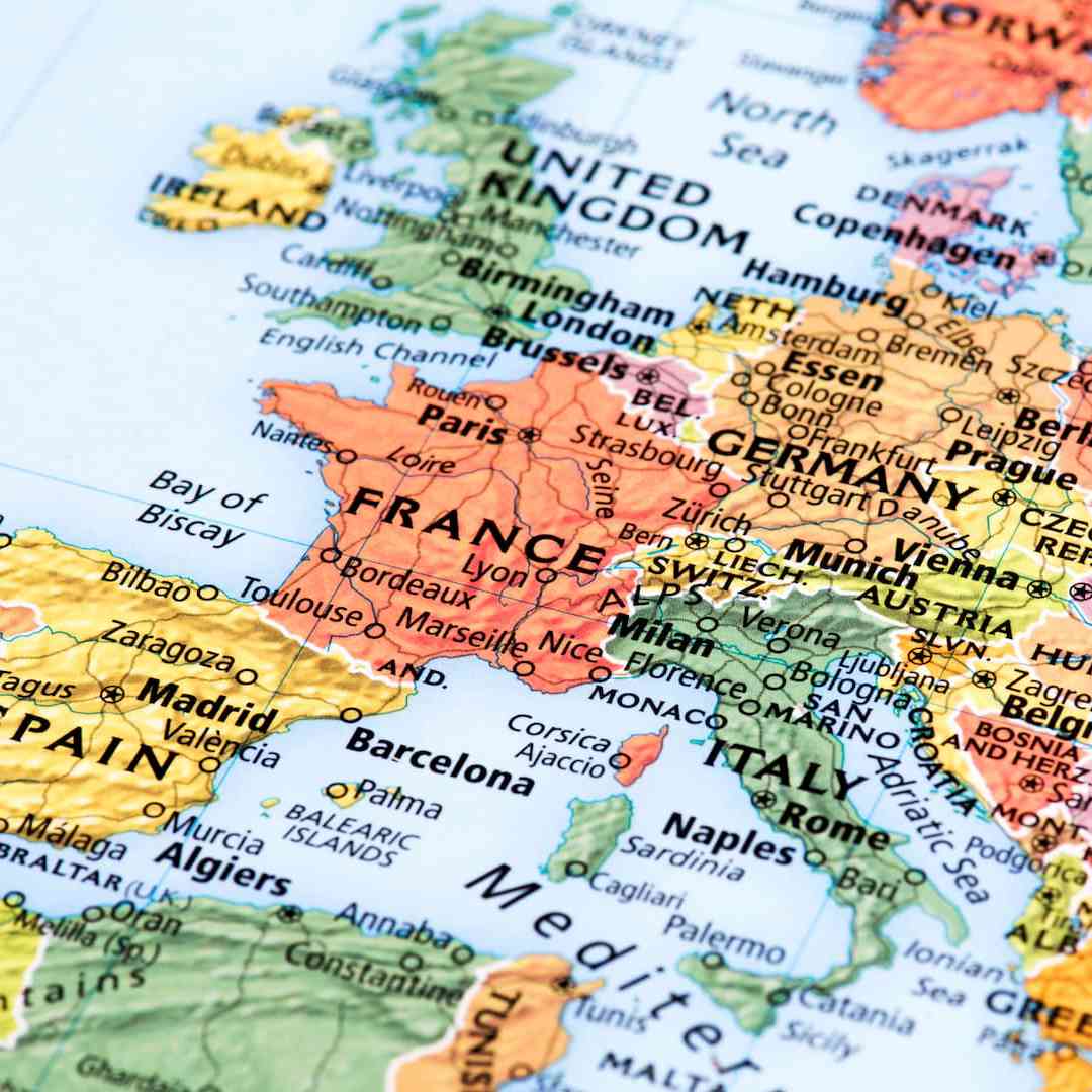 A close up of a map of Europe labelled with countries and major cities.
