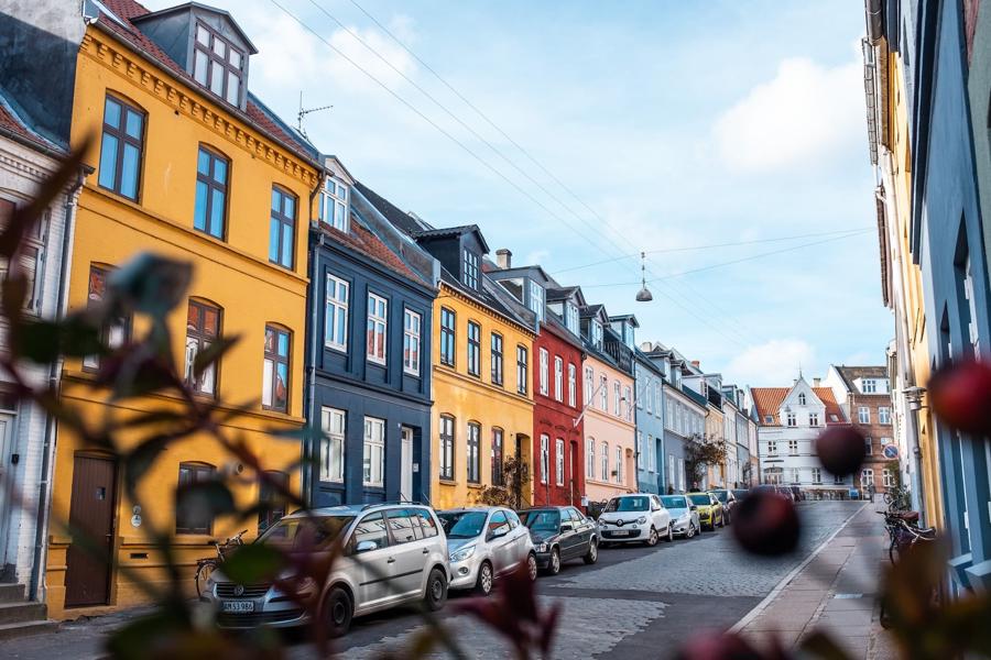 A row of colourful houses in Aarhus, Denmark