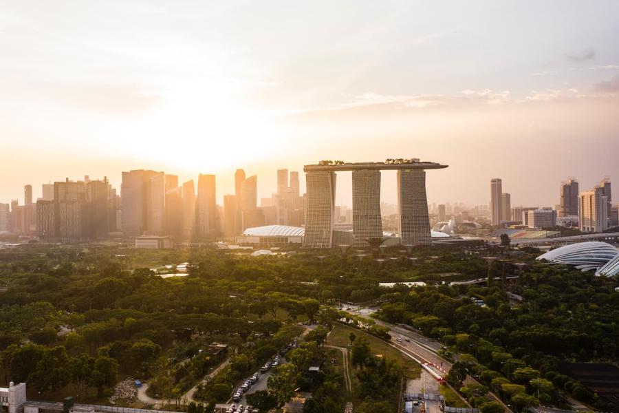 Sun sets over buildings in Singapore