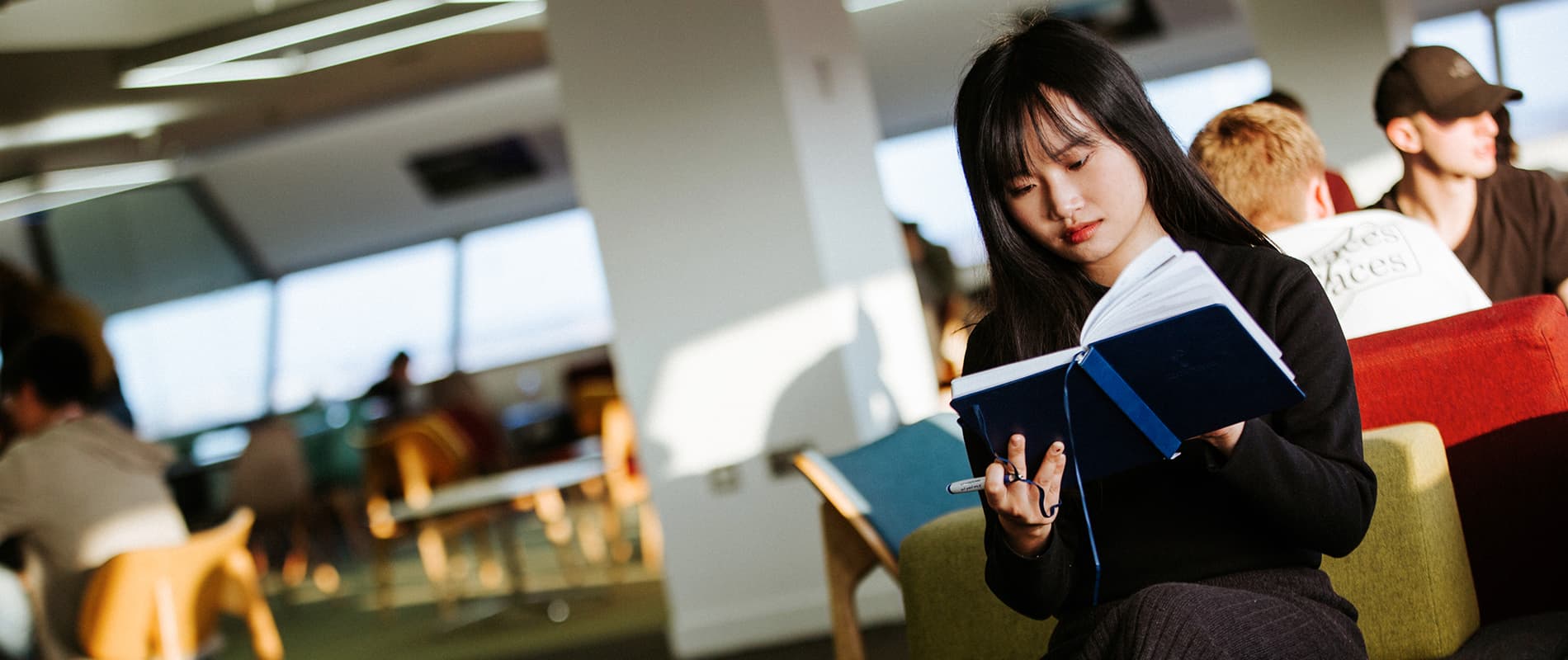 Postgraduate student reading in the Brynmor Jones Library