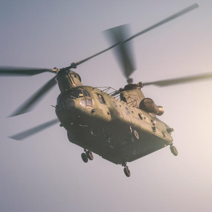 A chinook helicopter flying.