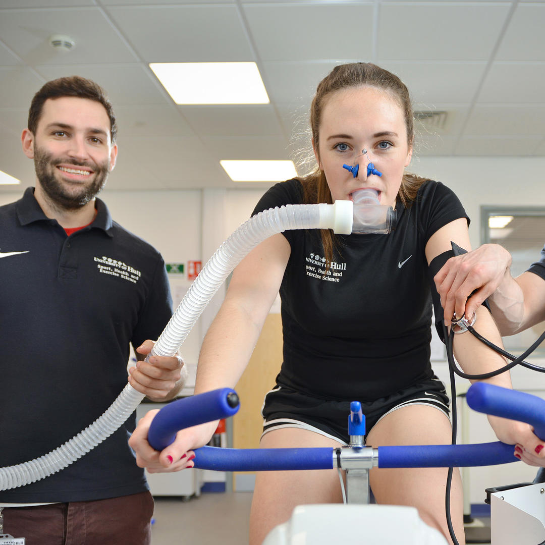 student being measured using the Fitness and Respiration Testing equipment