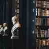 Historic legal texts on dark library shelves