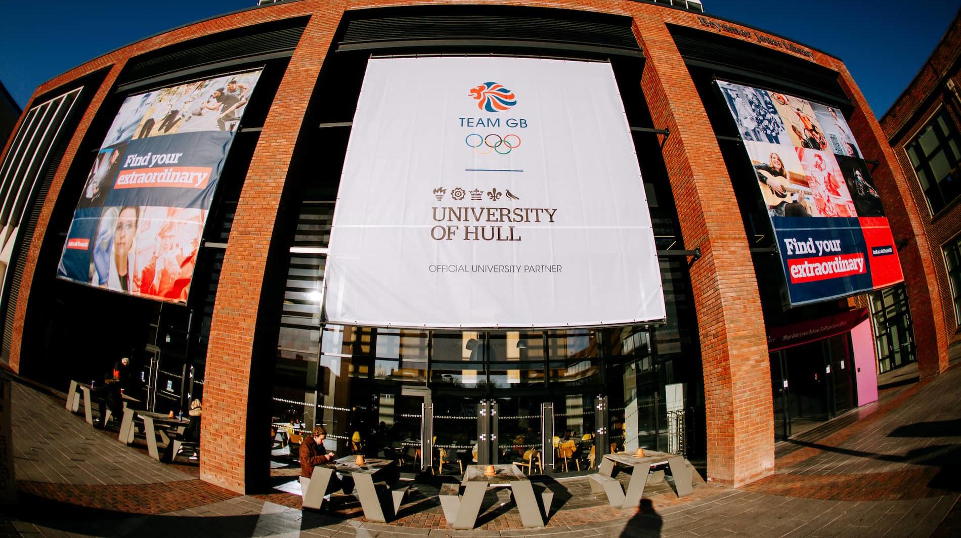 Team GB banner on Brynmor Jones Library