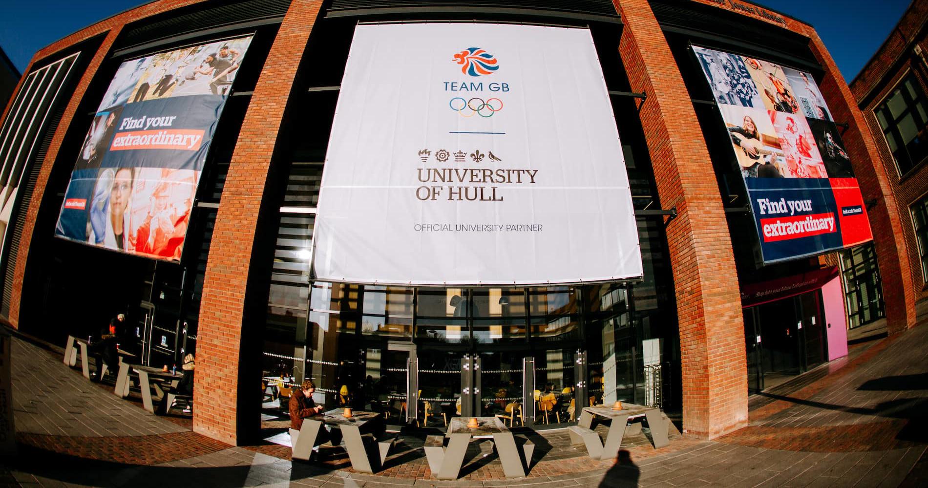 Team GB banner on Brynmor Jones Library