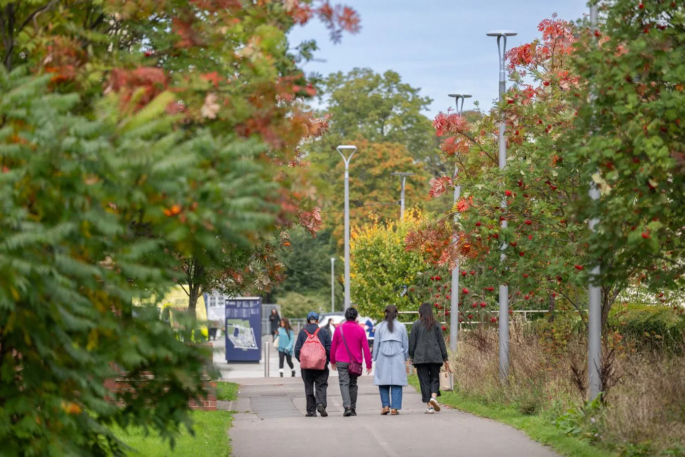 Four female students walk together down a pathway on campus surrounded by leafy, autumnal trees