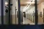 A line of closed doors in a prison interior is visible through metal bars