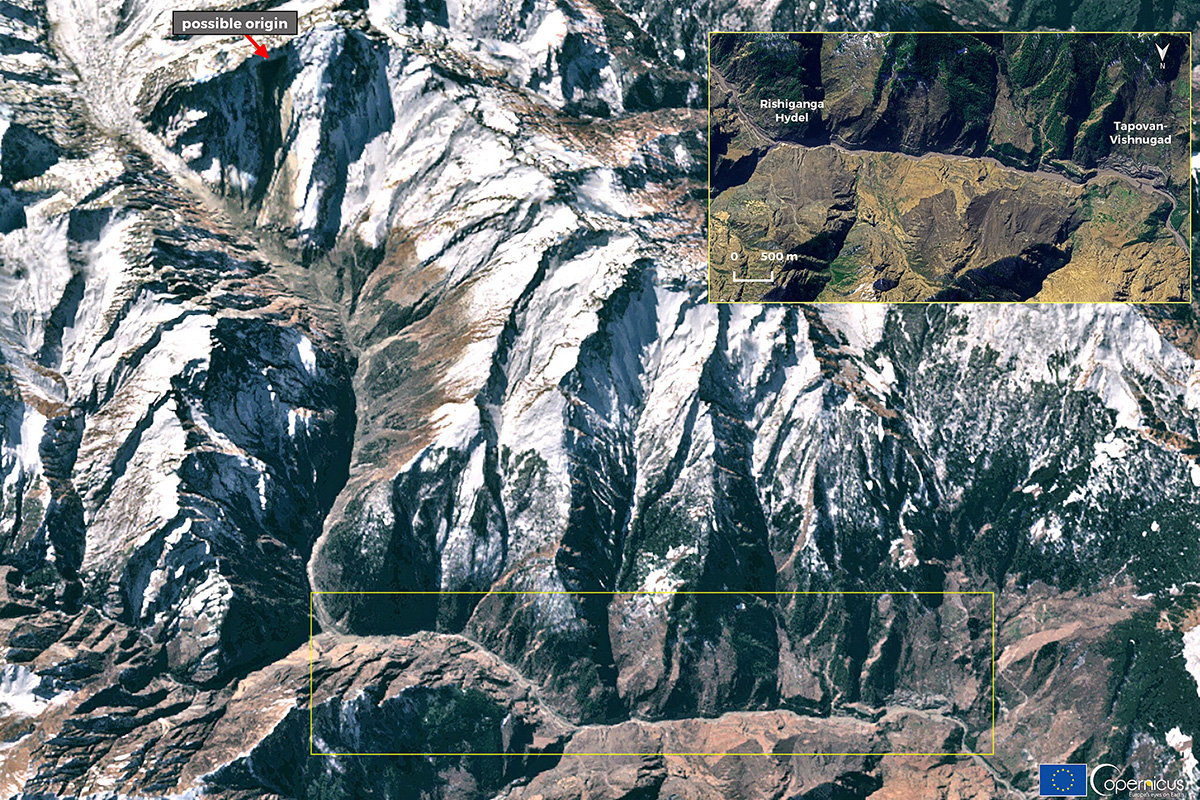 Satellite image of the Uttarakhand disaster from the EU Copernicus Sentinel-2 via wikimedia commons