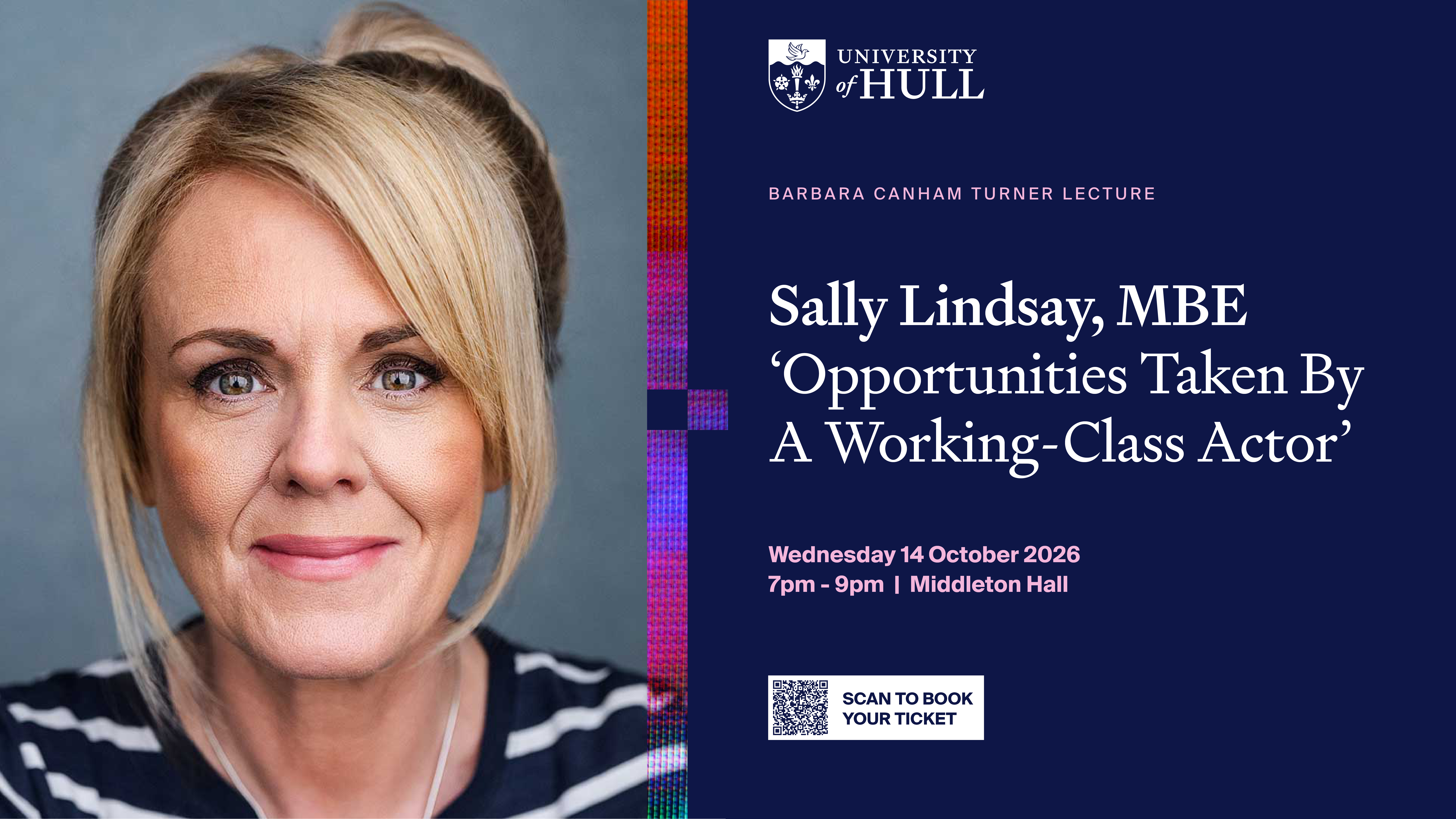 Photograph of Sally Lindsay and the date and time of her lecture