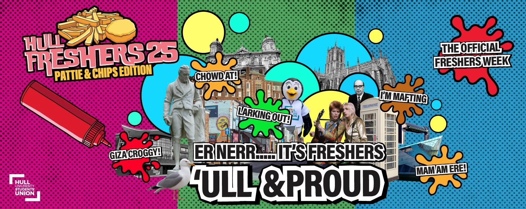 Freshers week logo with images of iconic buildings and people together with local phrases