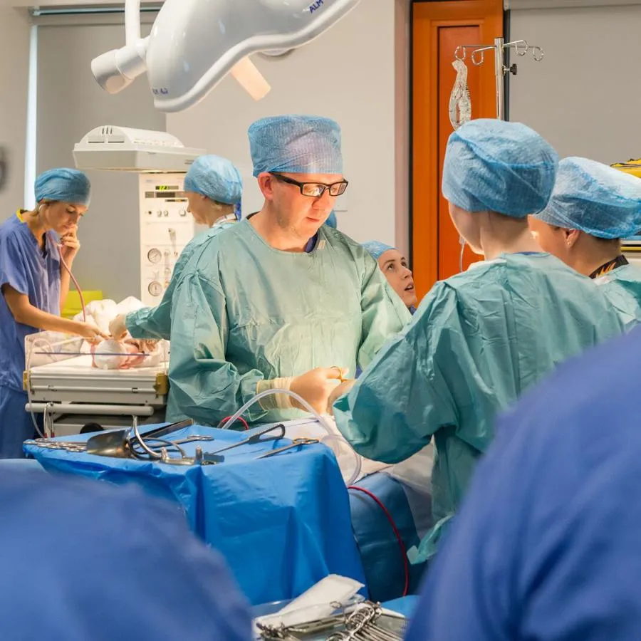 A surgeon in scrubs operates on a patient in a practical session in the operating theatre for students