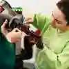 Female student in green jumper working on a robotics hand