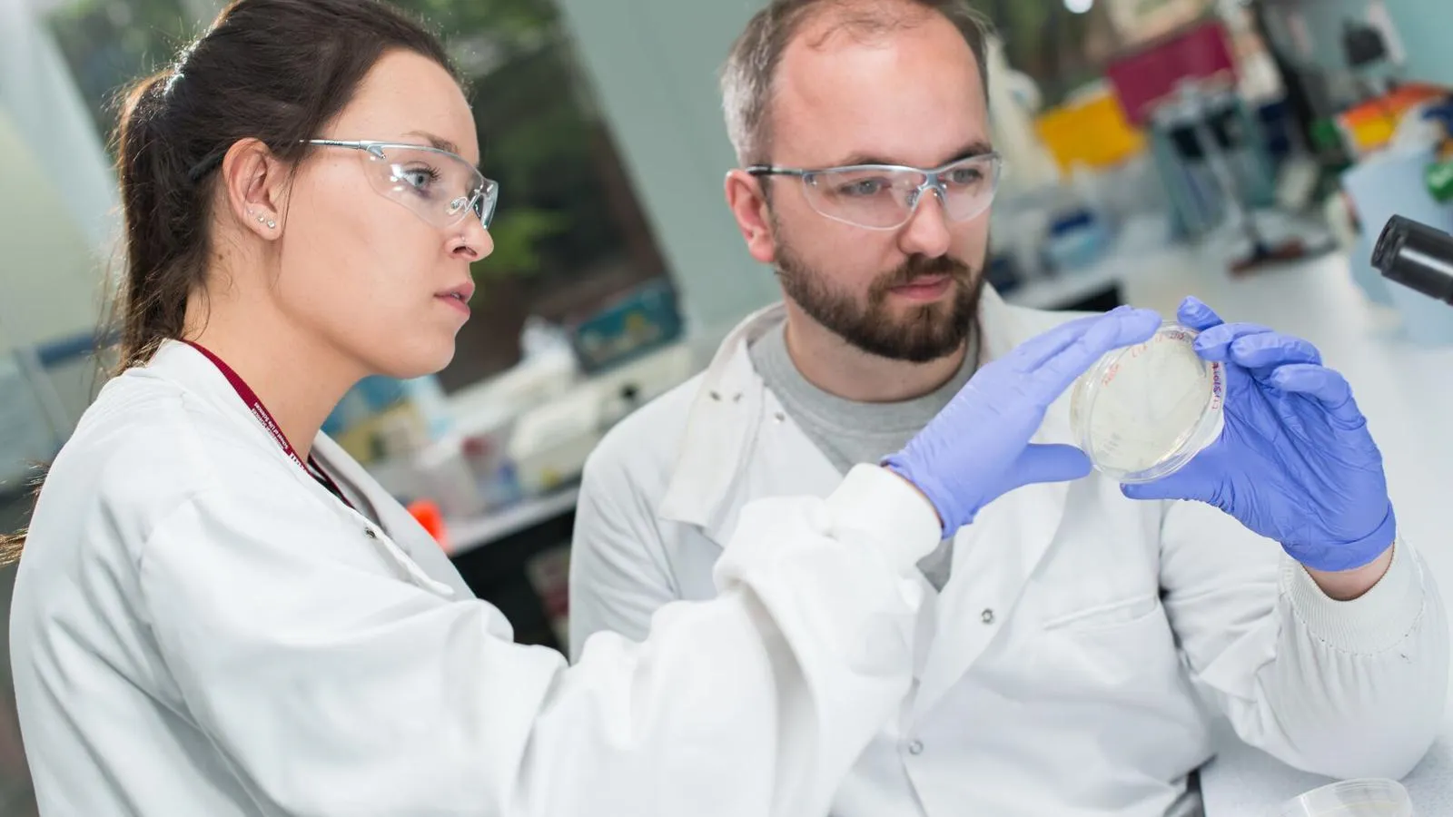 Two biomedical science students in a lab, inspecting a sample
