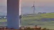 Wind turbines and workers in a green field