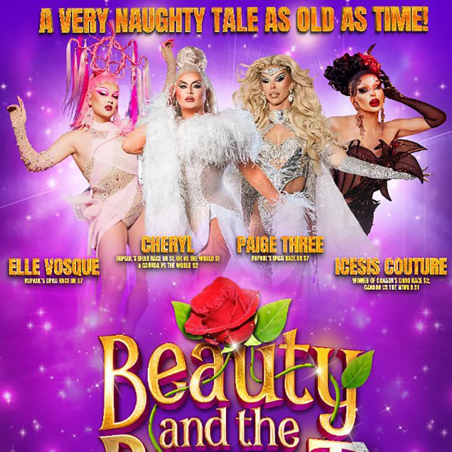 Four performers in showgirl costumes with show title Beauty and the Beast