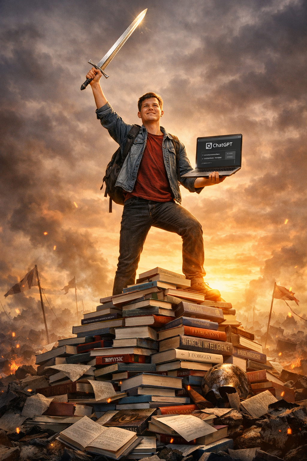 An AI generated image of a student standing on top of a pile of textbooks wielding a sword and a laptop with ChatGPT