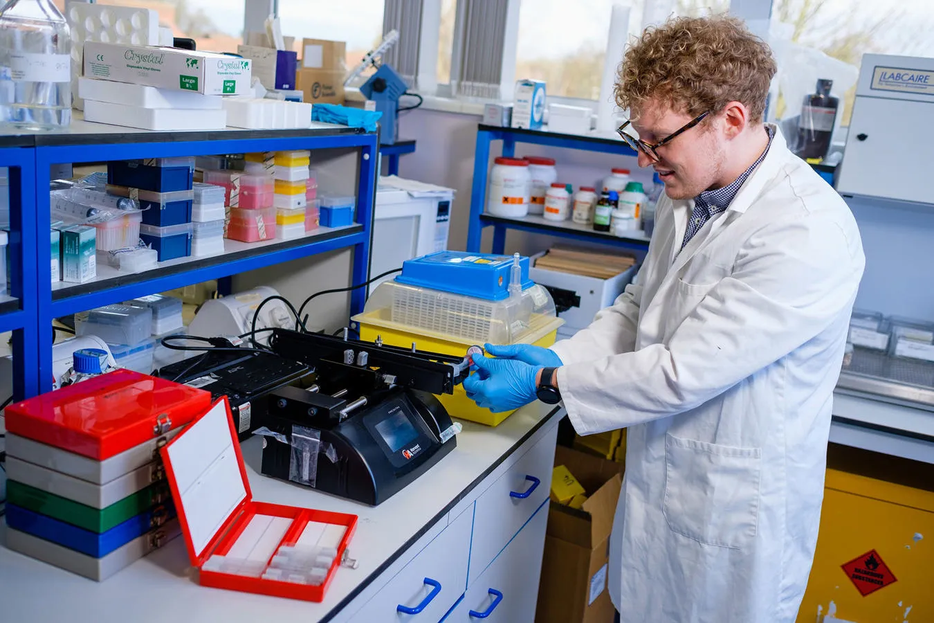 PhD research assistant Andrew Riley in a lab at the University of Hull