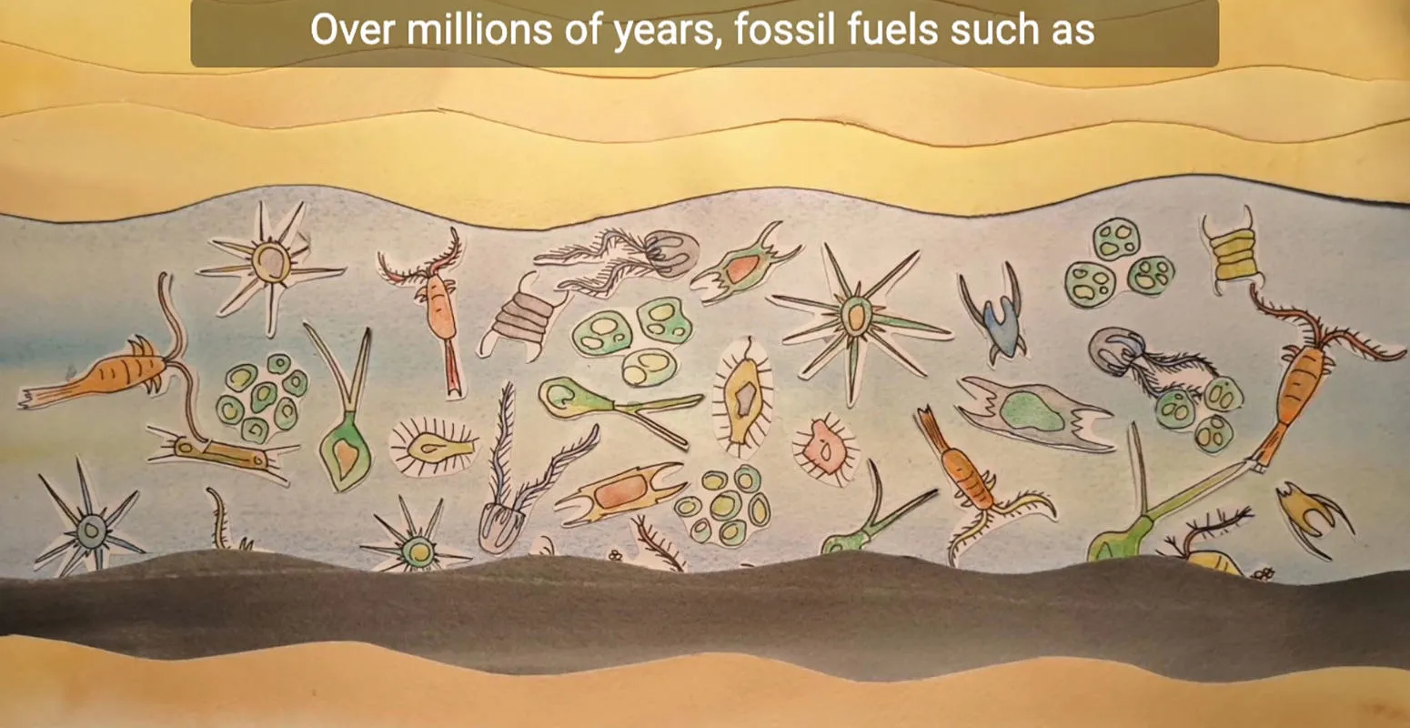 Pencil drawings of microscopic deep sea creatures becoming compressed into oil