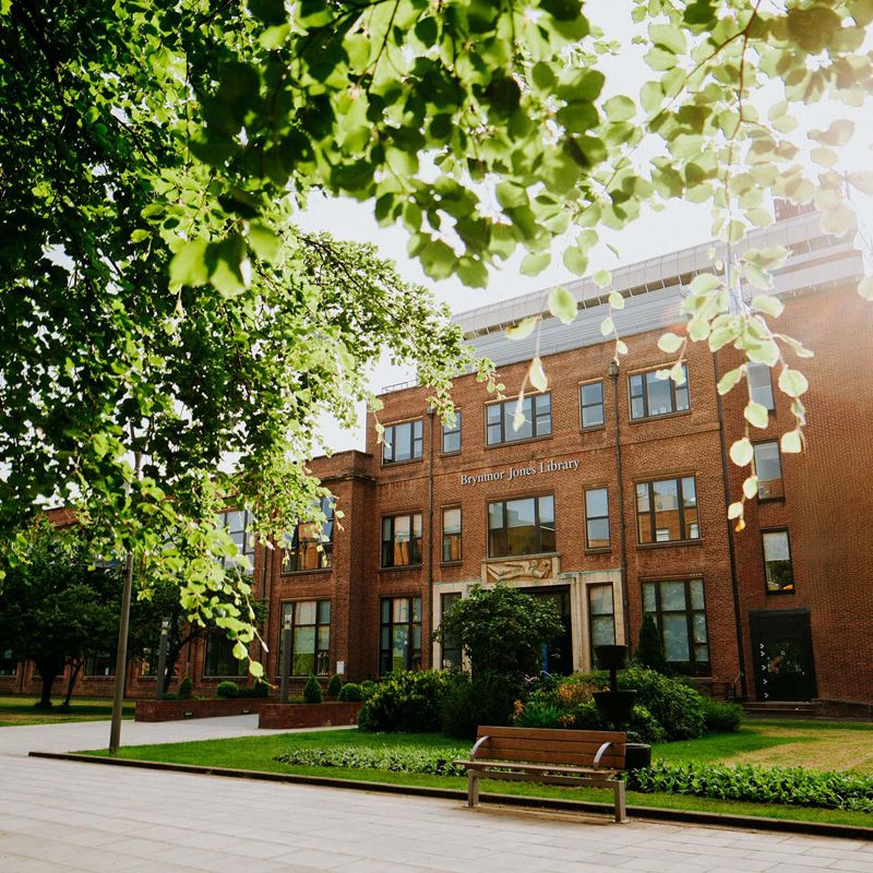The exterior of the Brynmor Jone library bathed in sunlight