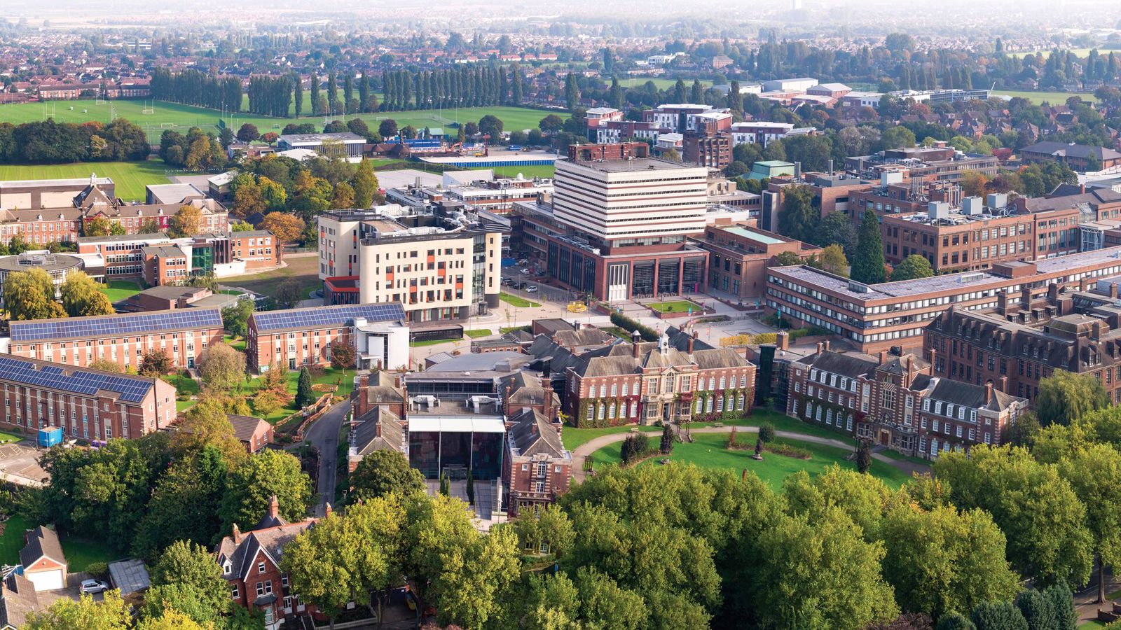 Aerial view of university campus from cottingham road