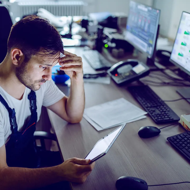 A control room worker looks at a handheld screen