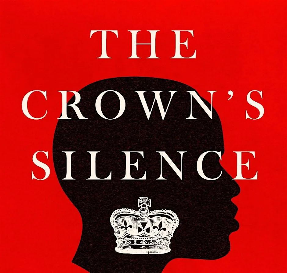 Silhouette of a head overlaid with a Crown and book title - The Crown's Silence