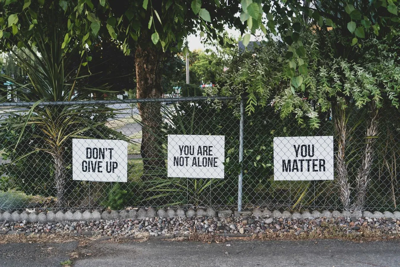 Fence with signs saying DON'T GIVE UP, YOU ARE NOT ALONE, and YOU MATTER