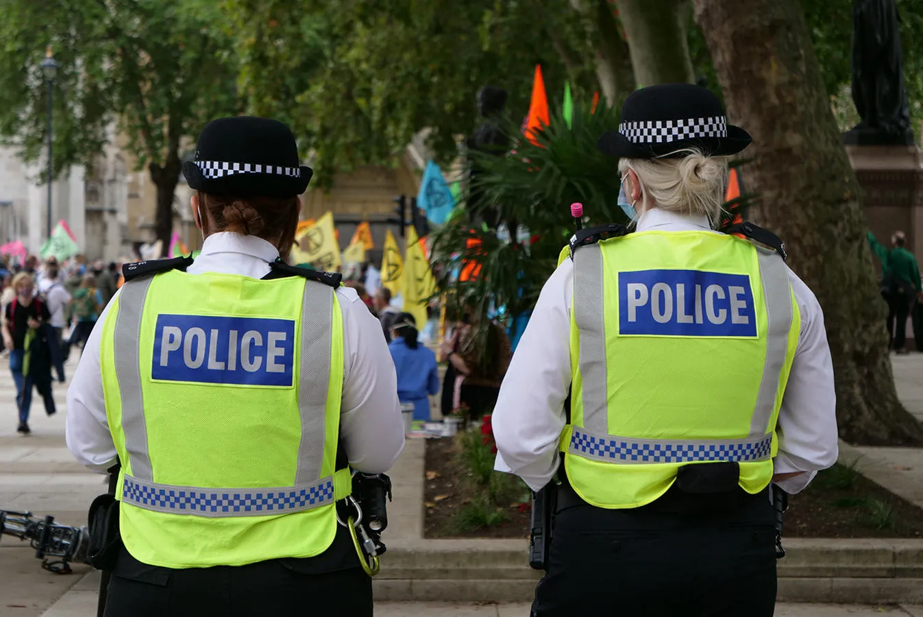 Two female police officers on a city street
