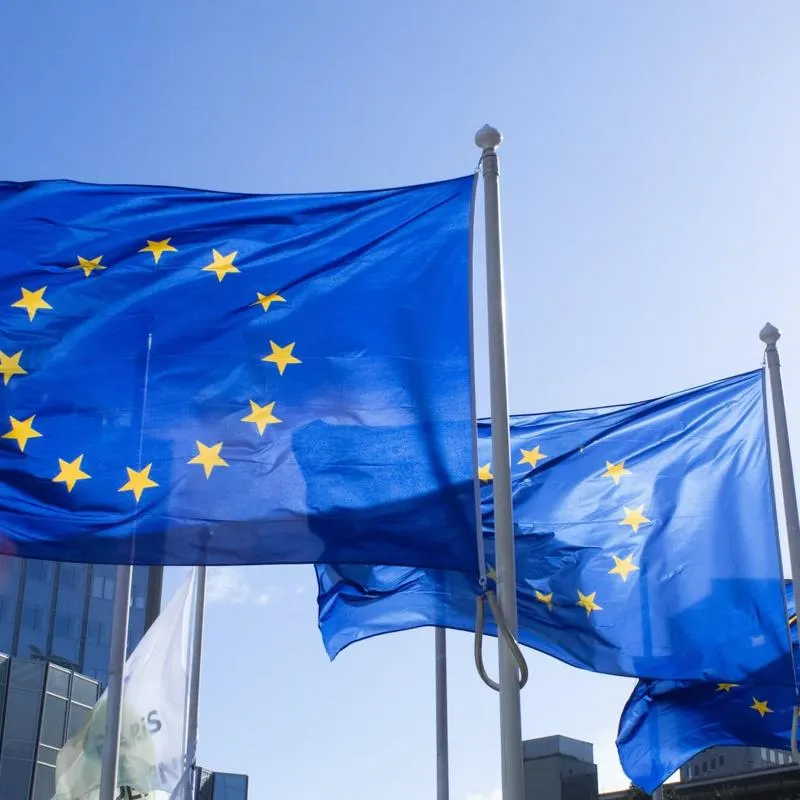 European flags flying in front of the European Union headquarters in Brussels