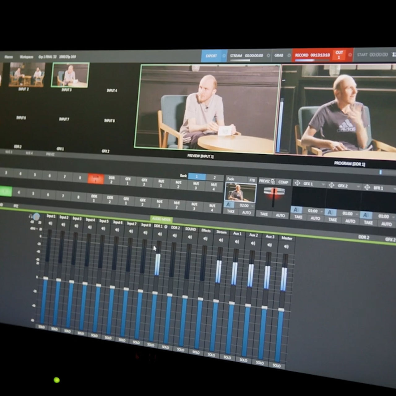 Media editing software showing sliders and two camera angles