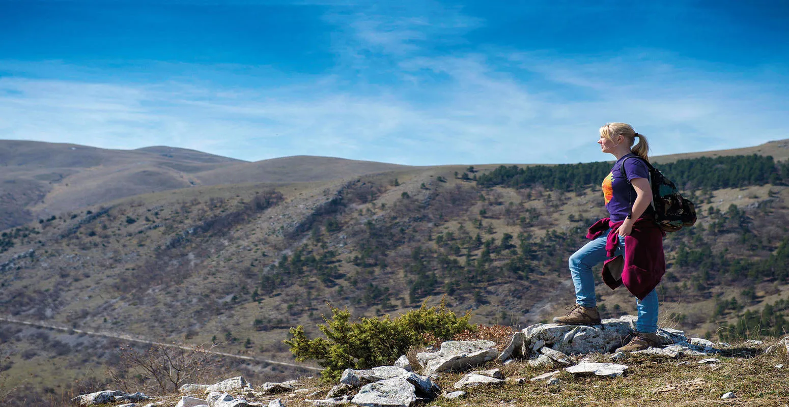 Student with backpack stands on sunny hilltop 