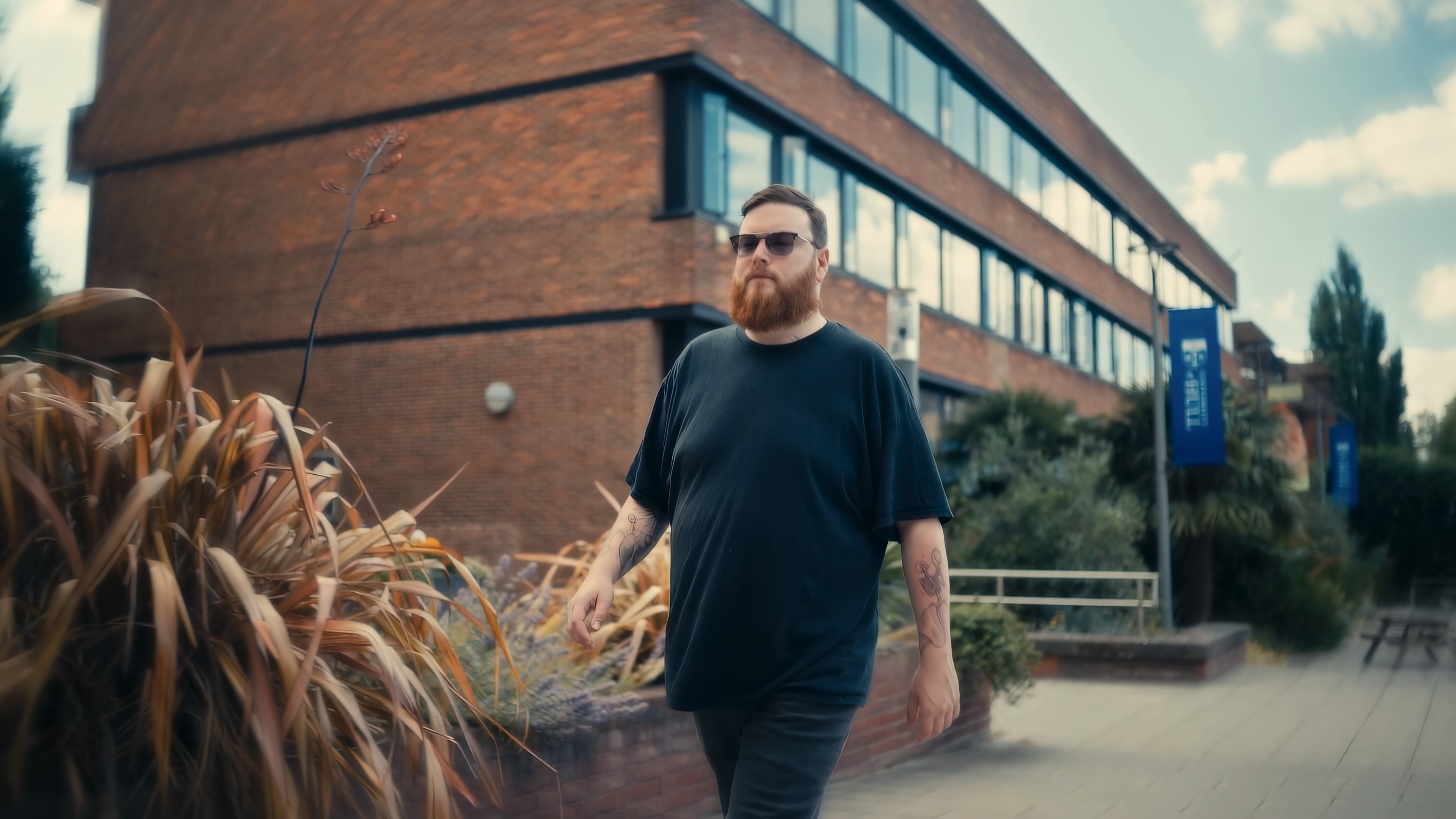 Foundation year student George walking through campus