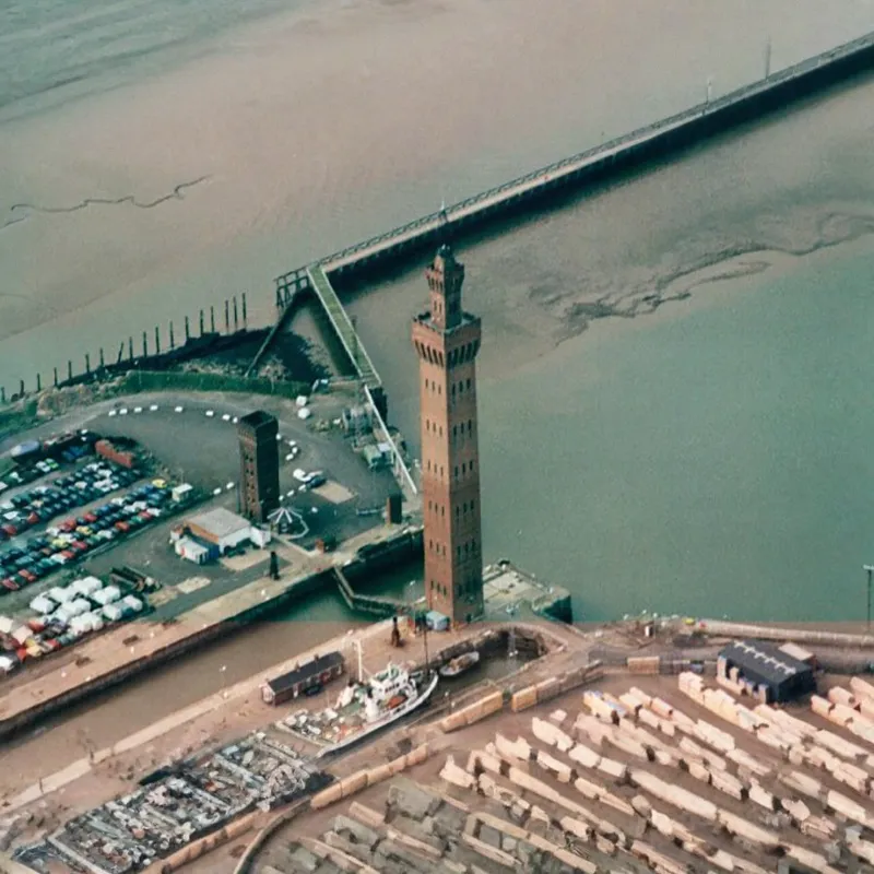 Aerial view of Grimsby dock tower from 1999.