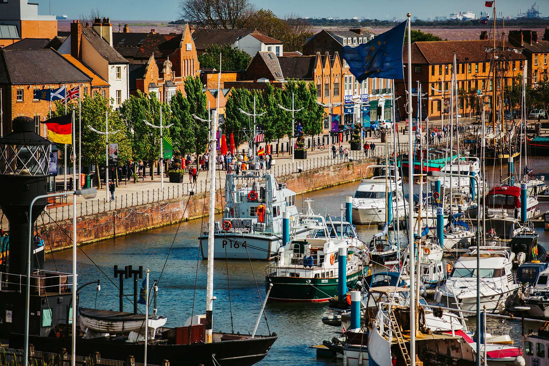 Boats moored in Hull Marina on a sunny day