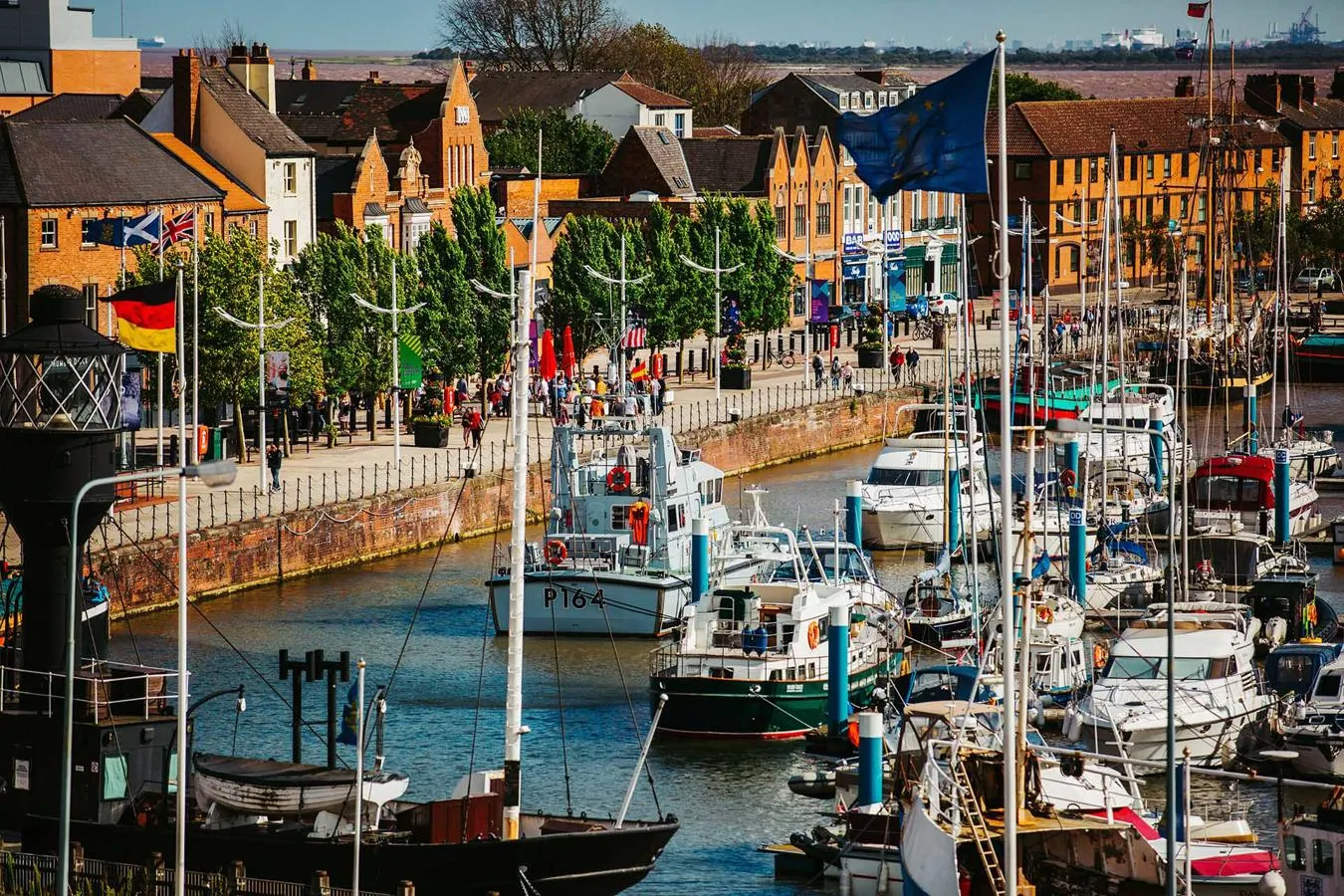 Boats moored in Hull Marina on a sunny day