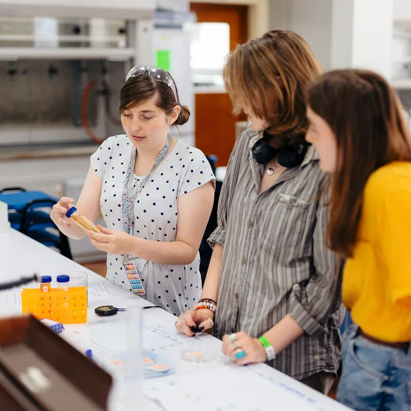 Group of students look at a test tube in a lab