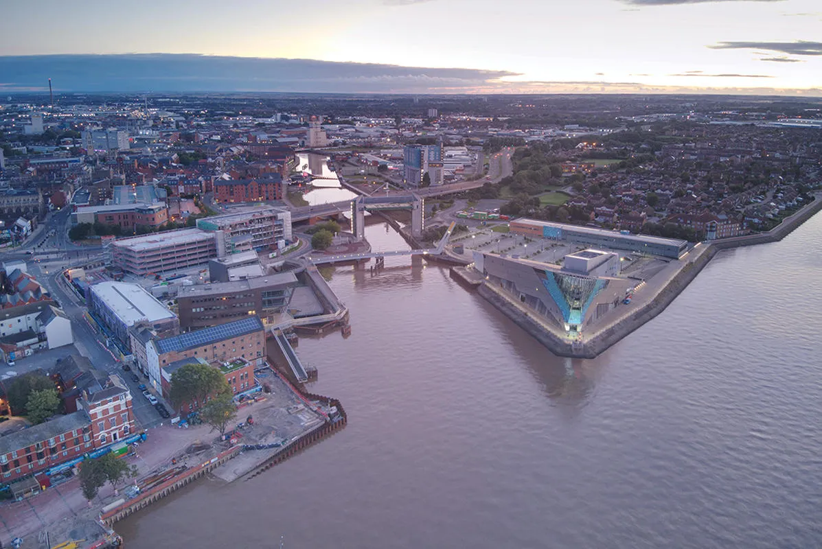 Aerial view of the Rivers Hull and Humber showing The Deep and the Tidal Barrier