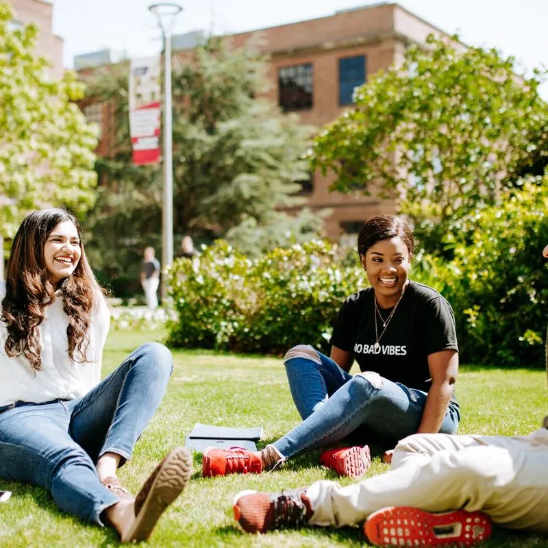 Three students relax on the grass on a sunny day