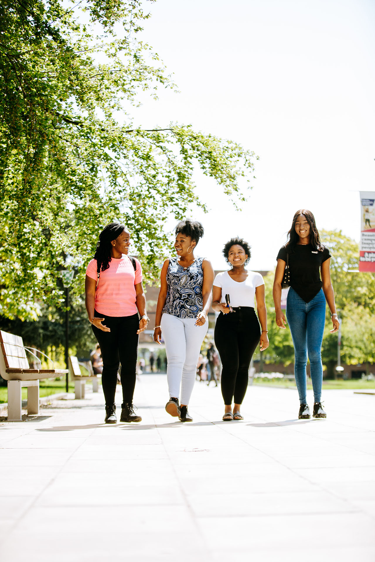 International students walking on campus.