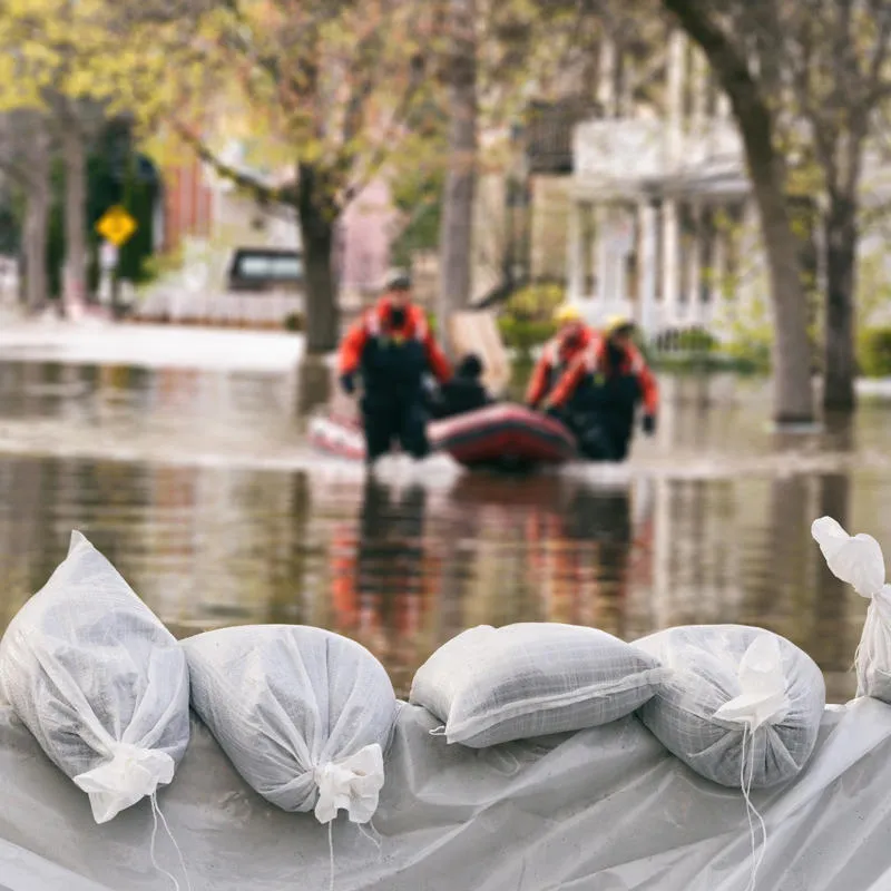 A flooded street with people being rescued in a dingy with sandbanks in the forground.