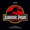 Jurassic Park poster with black silhouette of T-rex skeleton against a red circle