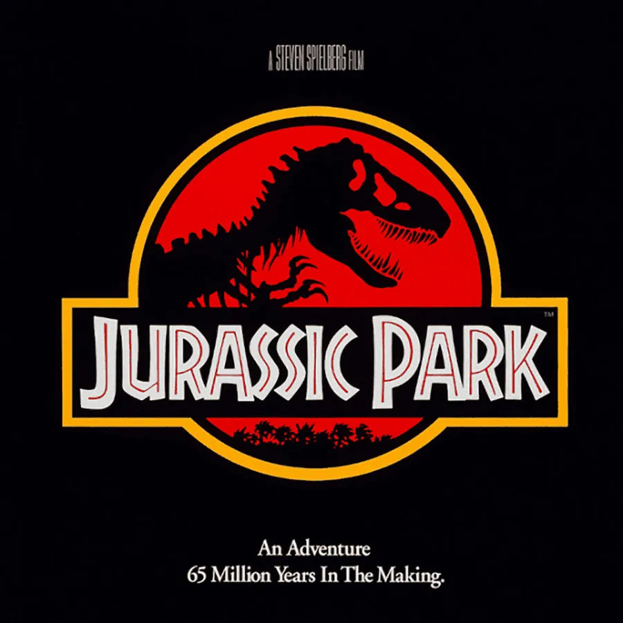 Jurassic Park poster with black silhouette of T-rex skeleton against a red circle