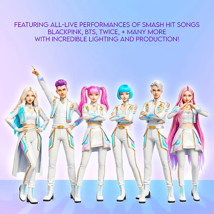 Illustration of six singers in matching white outfits and coloured hair